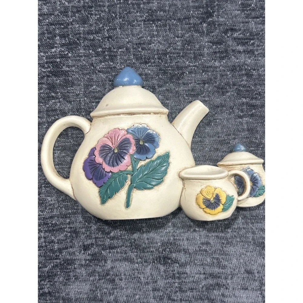 Vintage Burwood Home Interiors Pansy Teapot‎ Set Wall Decor Plaques Cottagecore